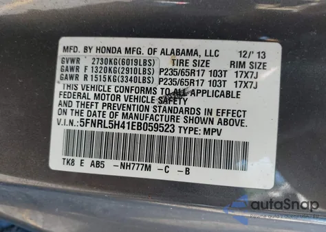 2014 Honda Odyssey Ex from USA, damaged, VIN 5FNRL5H41EB059523